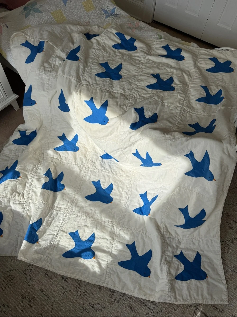 Handmade quilt vintage antique blue bird feed sack flour tea towel repurposed
